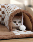 2-in-1 Plush Cat Tunnel Bed – Plaid Checkered Design