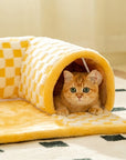 2-in-1 Plush Cat Tunnel Bed – Plaid Checkered Design