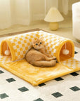 2-in-1 Plush Cat Tunnel Bed – Plaid Checkered Design