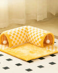 2-in-1 Plush Cat Tunnel Bed – Plaid Checkered Design