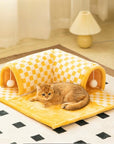 2-in-1 Plush Cat Tunnel Bed – Plaid Checkered Design