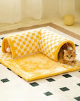 2-in-1 Plush Cat Tunnel Bed – Plaid Checkered Design