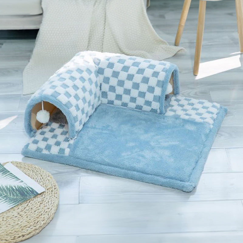 2-in-1 Plush Cat Tunnel Bed – Plaid Checkered Design