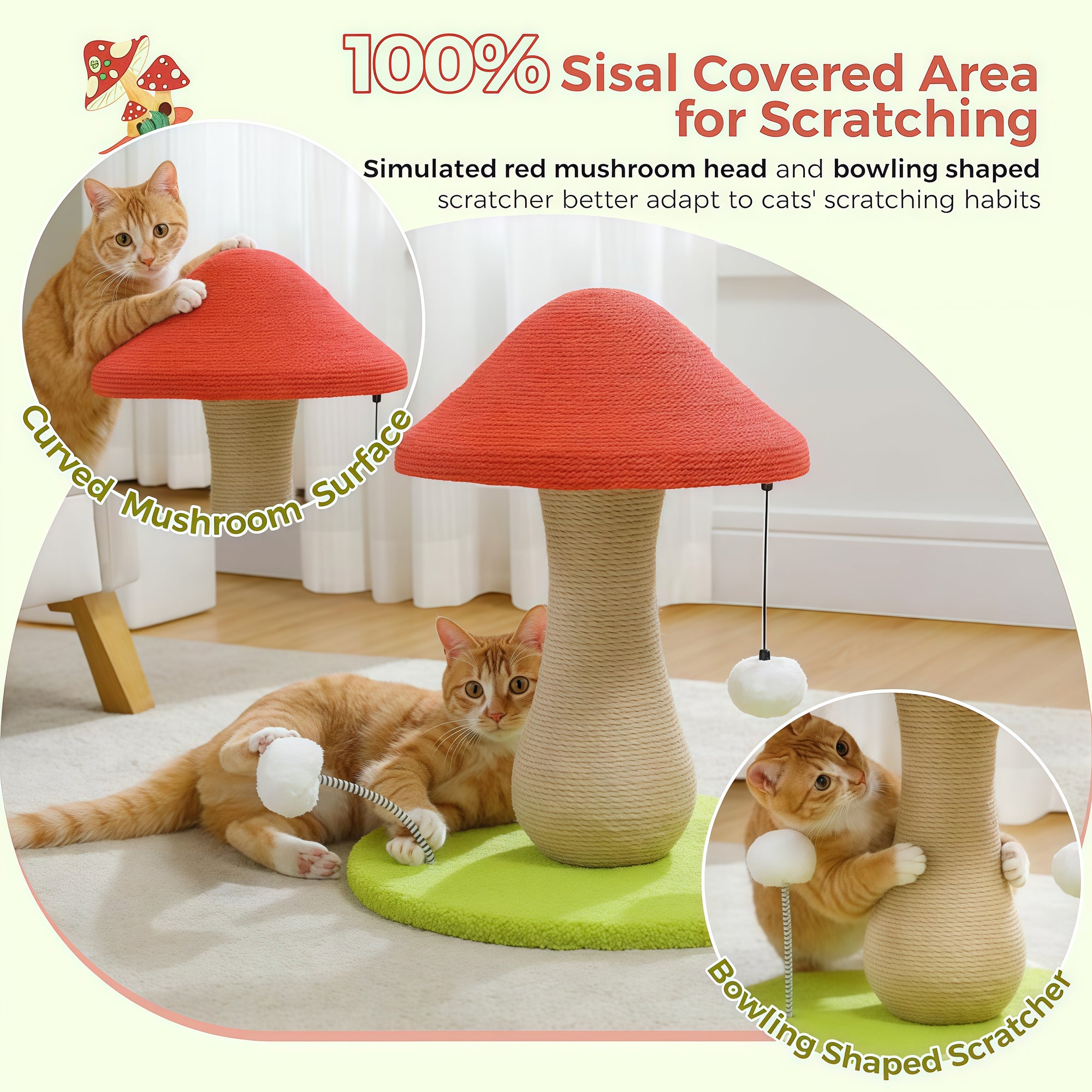Mushroom Cat Claw Post - Hemp Wrap, Small and Medium-sized Cats, No Assembly Required🍄🍄 - Pawhearth