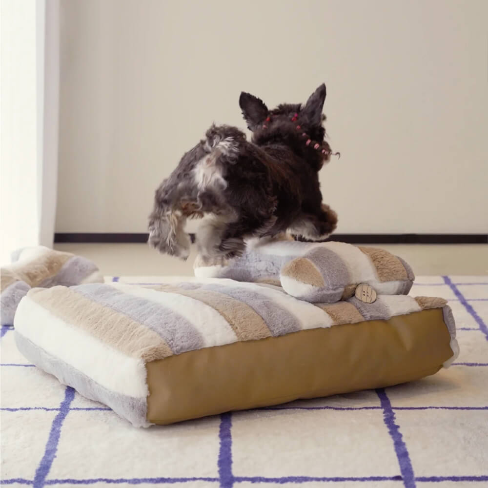 Deluxe-Hundebett aus gestreiftem Plüsch mit Kissen
