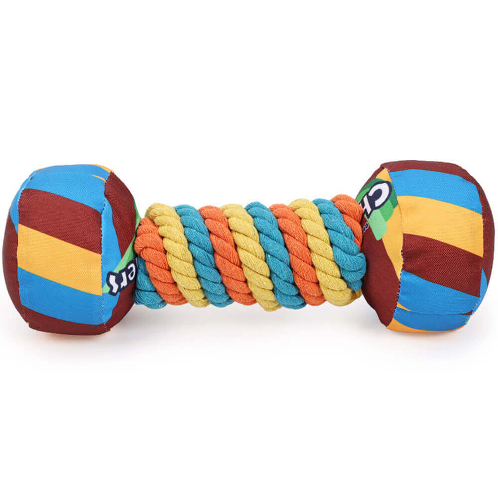Rainbow Dumbbell Dog Toy – Squeaky, Durable &amp; Rope Interactive