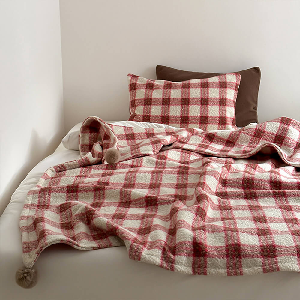 Refined Plaid Faux Lambswool Throw Blanket with Pom-Poms – Cozy &amp; Stylish Home Décor