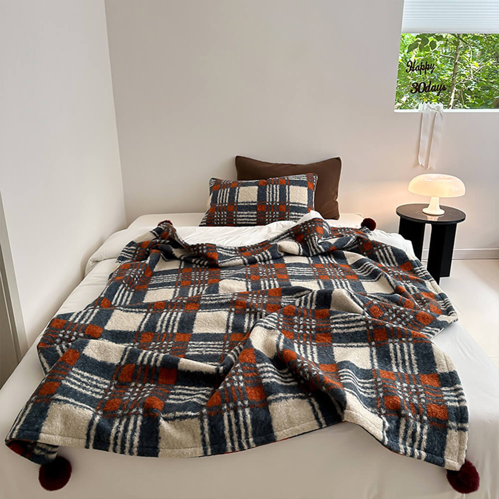 Refined Plaid Faux Lambswool Throw Blanket with Pom-Poms – Cozy &amp; Stylish Home Décor