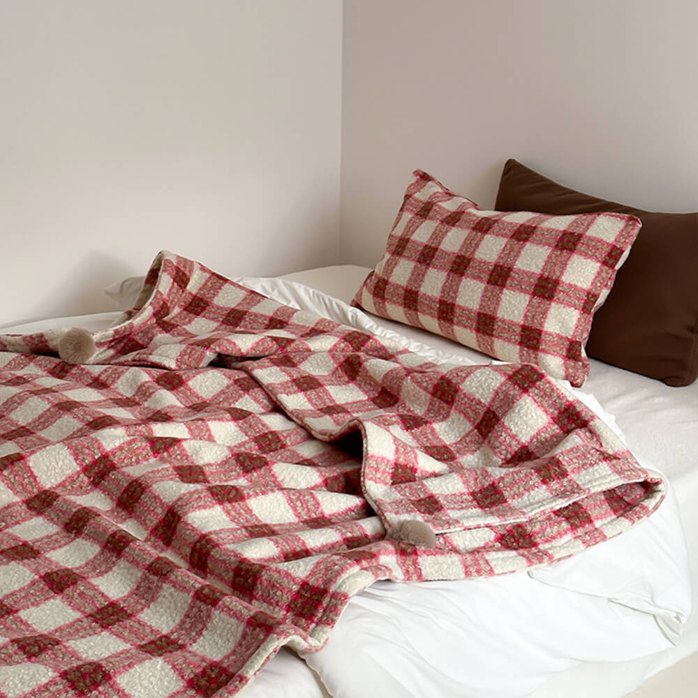 Refined Plaid Faux Lambswool Throw Blanket with Pom-Poms – Cozy &amp; Stylish Home Décor