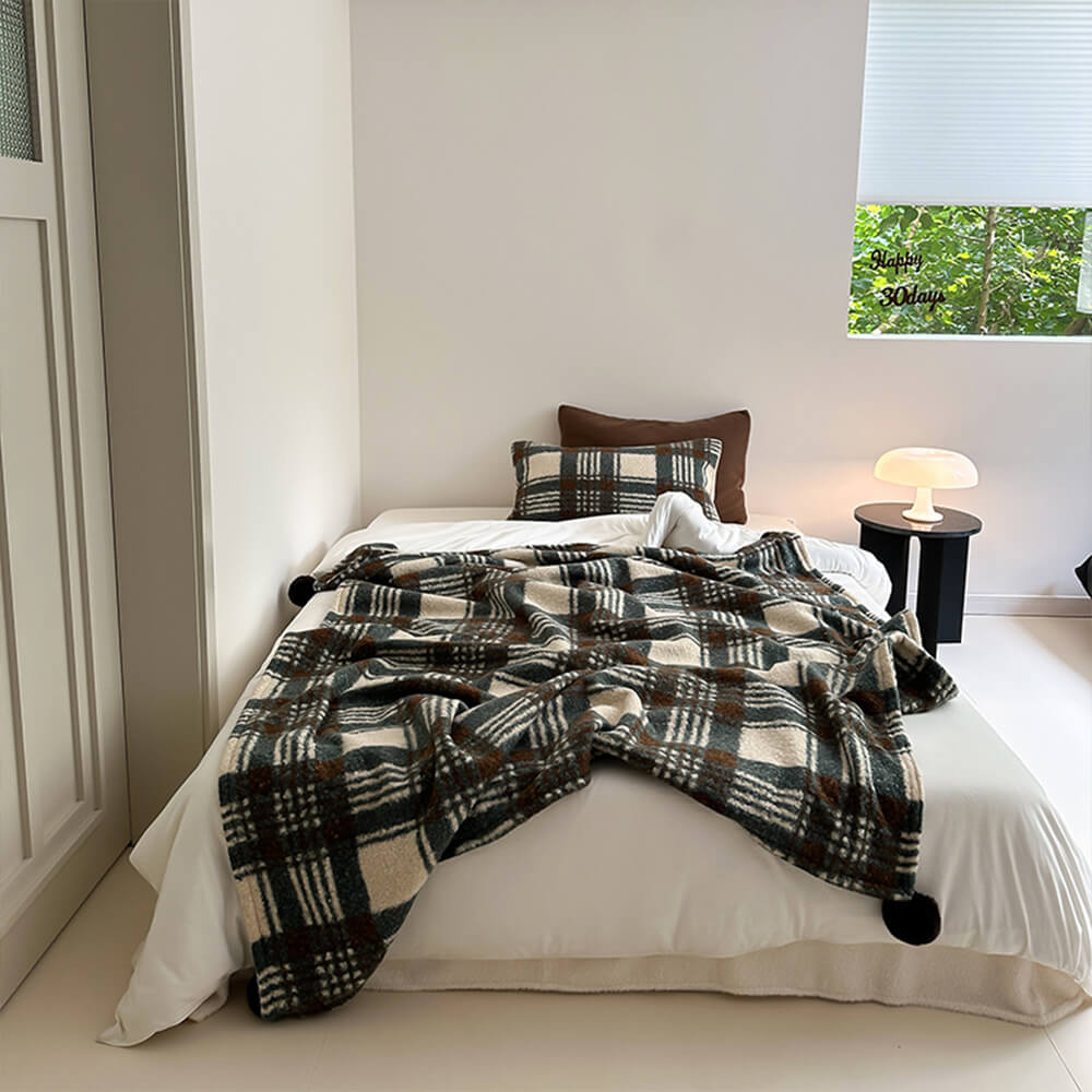Refined Plaid Faux Lambswool Throw Blanket with Pom-Poms – Cozy &amp; Stylish Home Décor