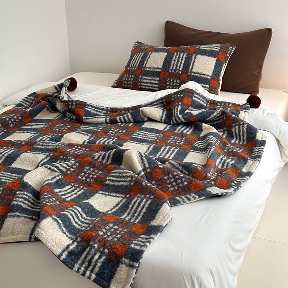 Refined Plaid Faux Lambswool Throw Blanket with Pom-Poms – Cozy &amp; Stylish Home Décor