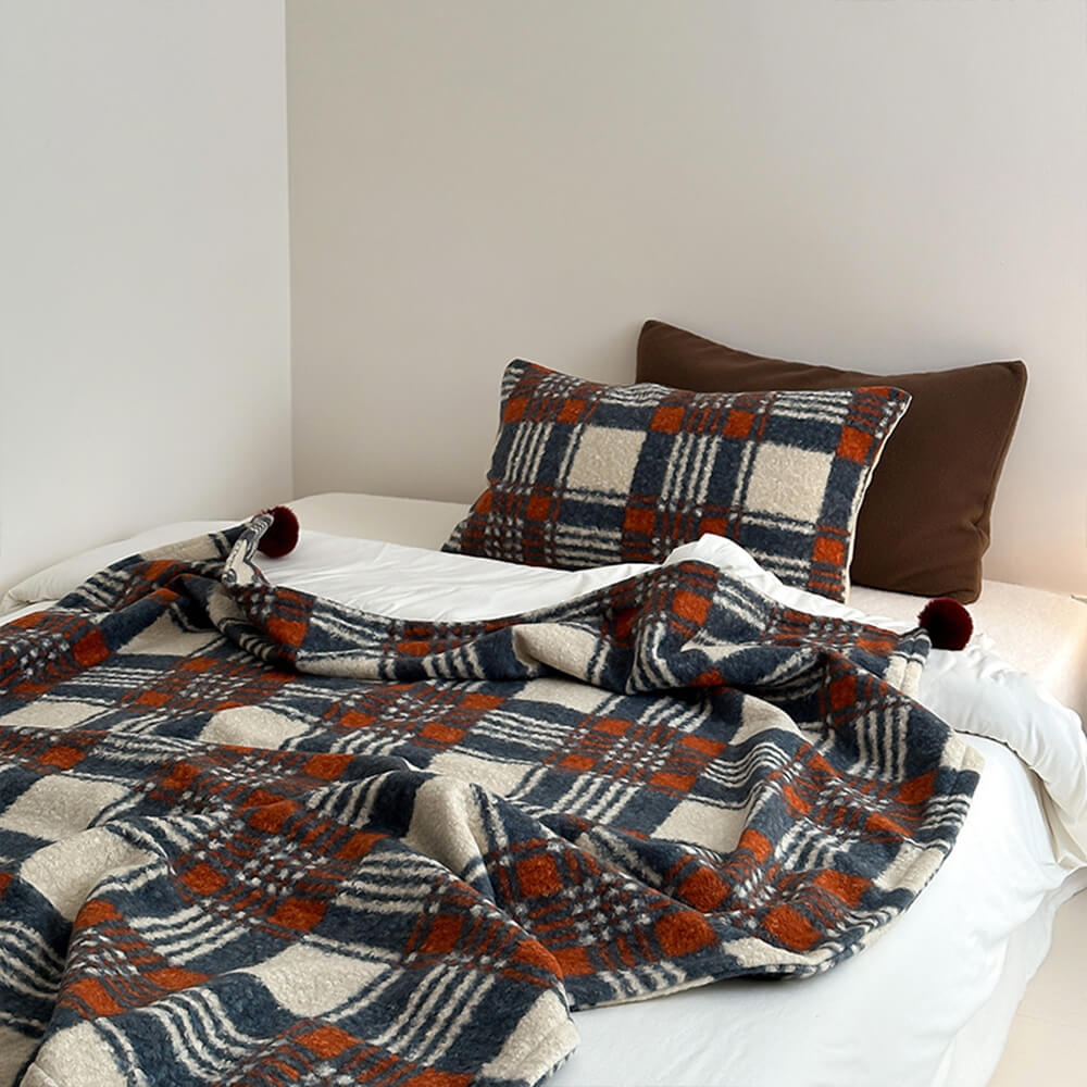 Refined Plaid Faux Lambswool Throw Blanket with Pom-Poms – Cozy &amp; Stylish Home Décor