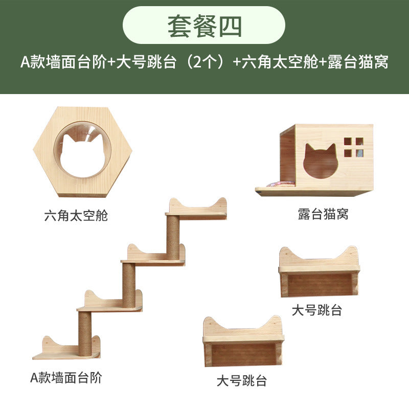 Wall-Mounted Cat Tree – Solid Wood Climber with Nest &amp; Capsule