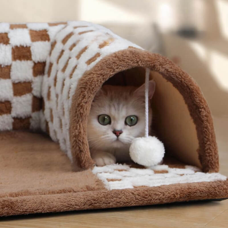 2-in-1 Plush Cat Tunnel Bed – Plaid Checkered Design