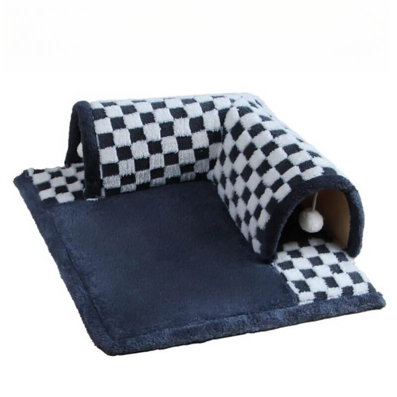 2-in-1 Plush Cat Tunnel Bed – Plaid Checkered Design