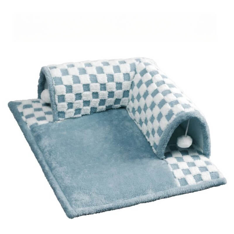 2-in-1 Plush Cat Tunnel Bed – Plaid Checkered Design