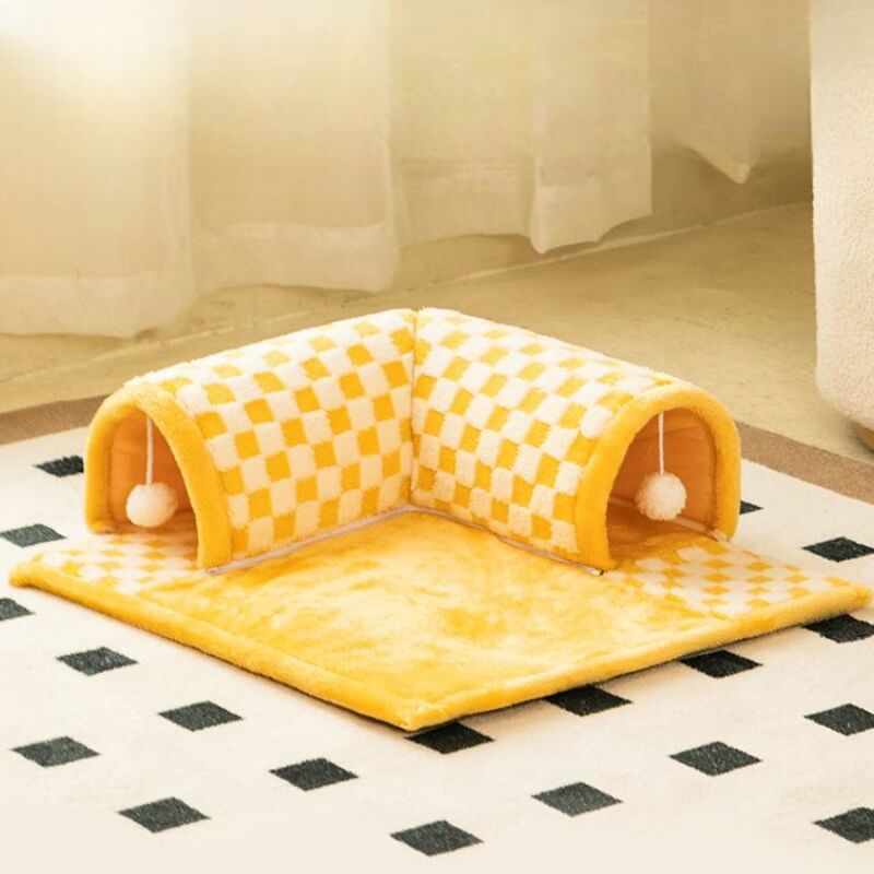 2-in-1 Plush Cat Tunnel Bed – Plaid Checkered Design