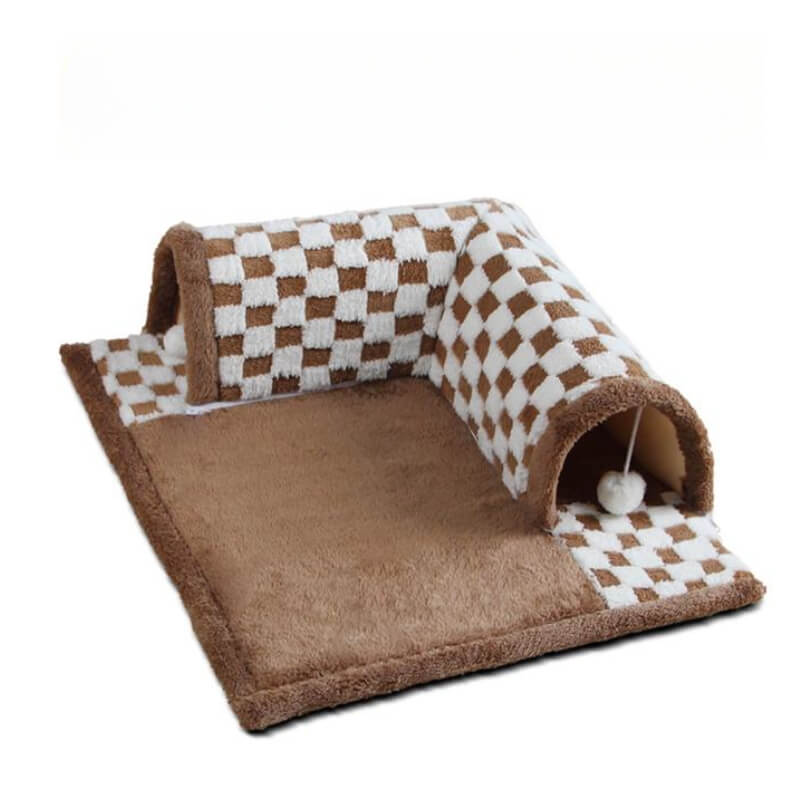 2-in-1 Plush Cat Tunnel Bed – Plaid Checkered Design