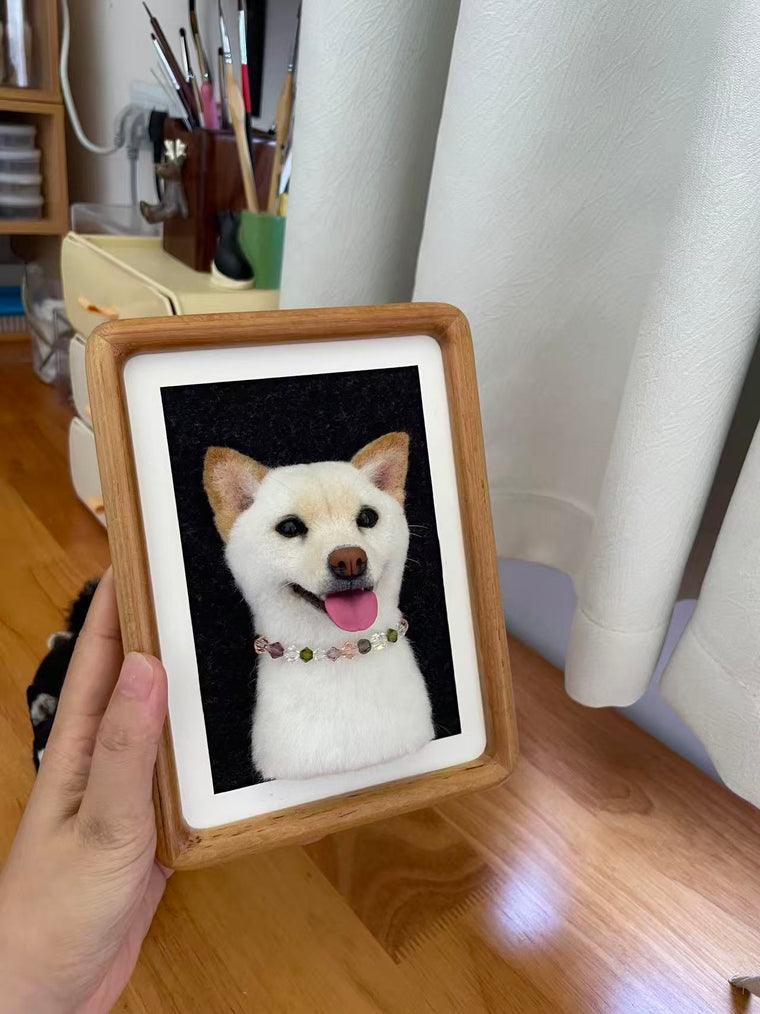 Close-up framed custom wool felt dog portrait