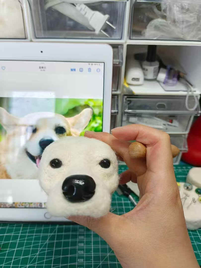 Custom wool felt dog head matched to a dog photo reference