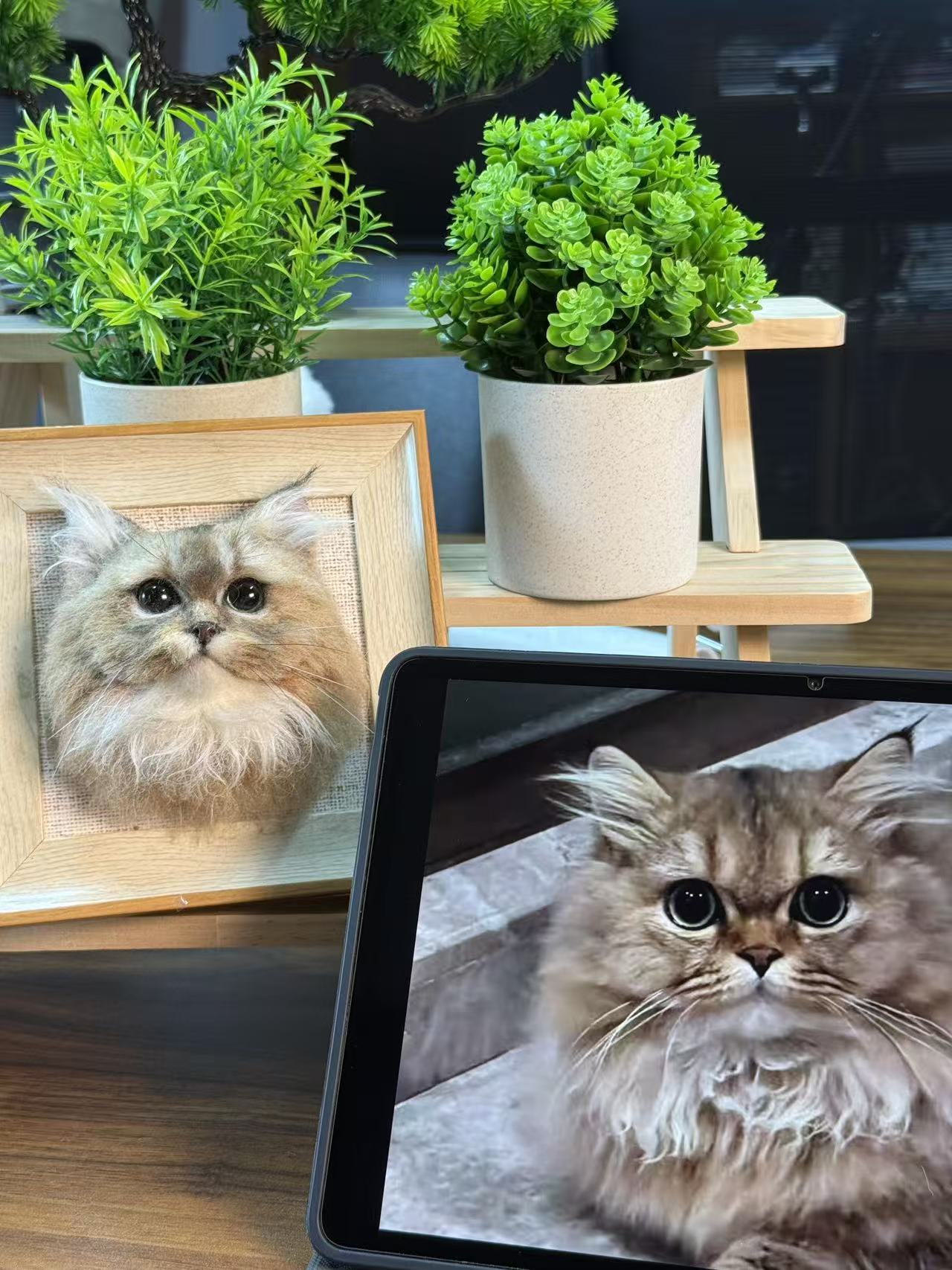 Custom 3D wool felt cat portrait in frame with photo reference