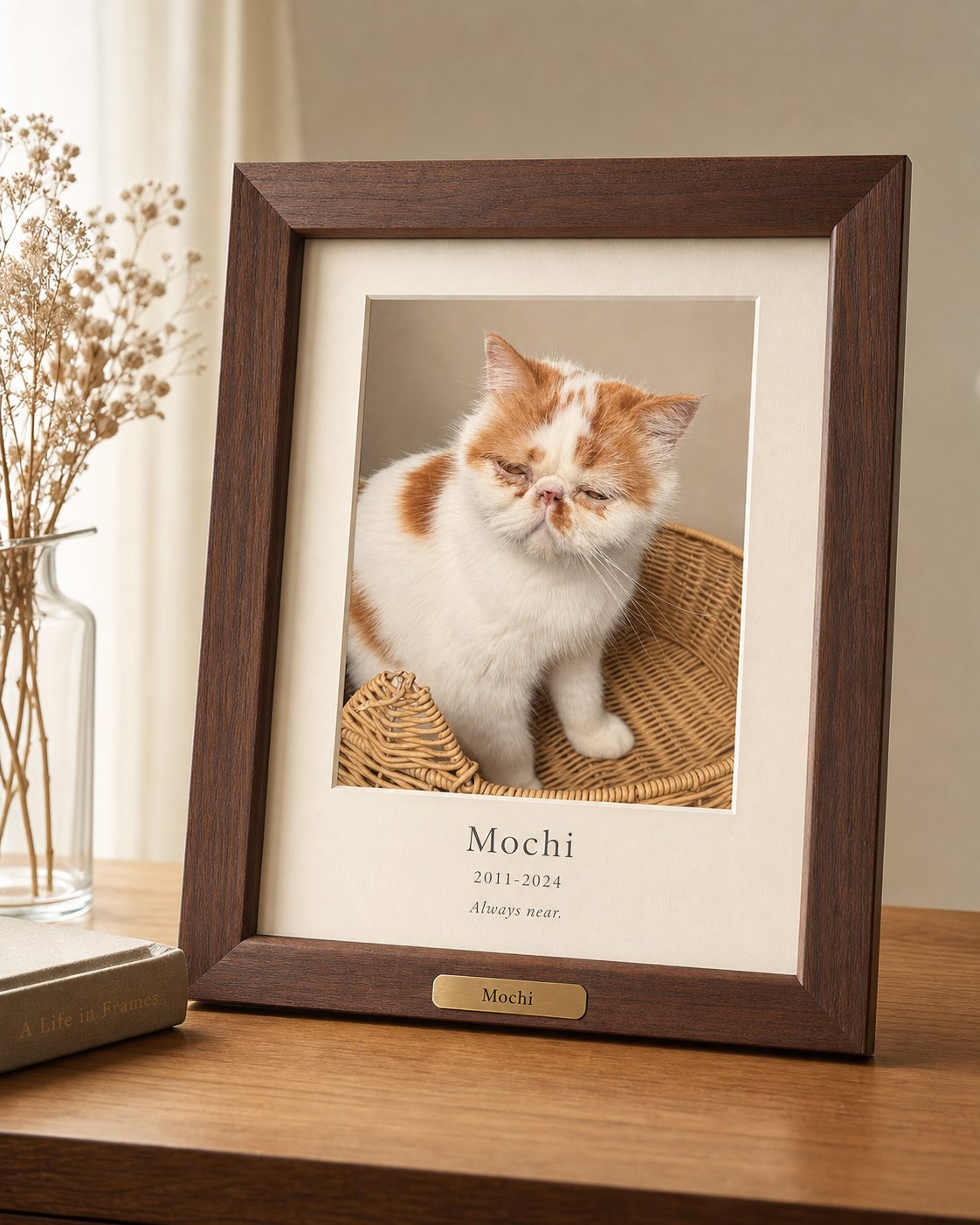 Walnut memorial frame with a restored pet photo and engraved brass nameplate