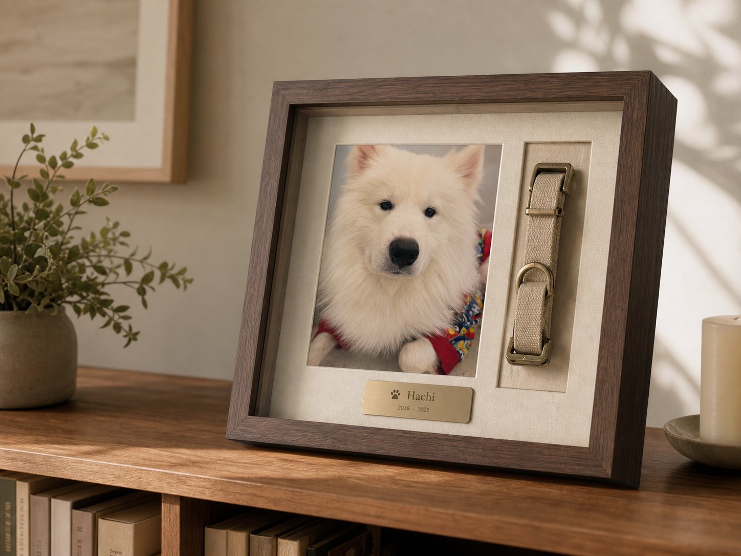 Collar memorial shadowbox displayed on a bookshelf in natural light