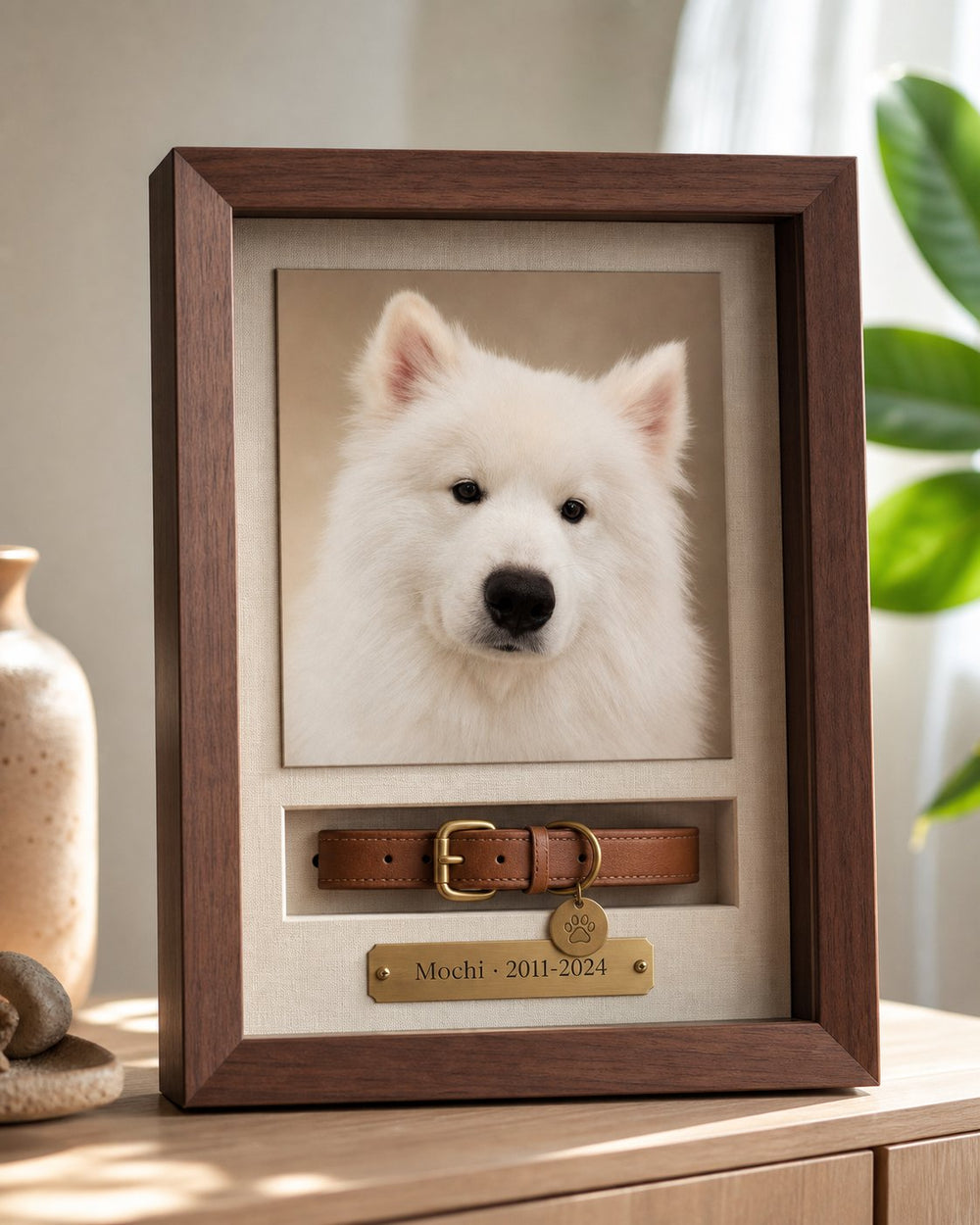 Walnut shadowbox with a restored pet photo, collar recess, and engraved brass nameplate
